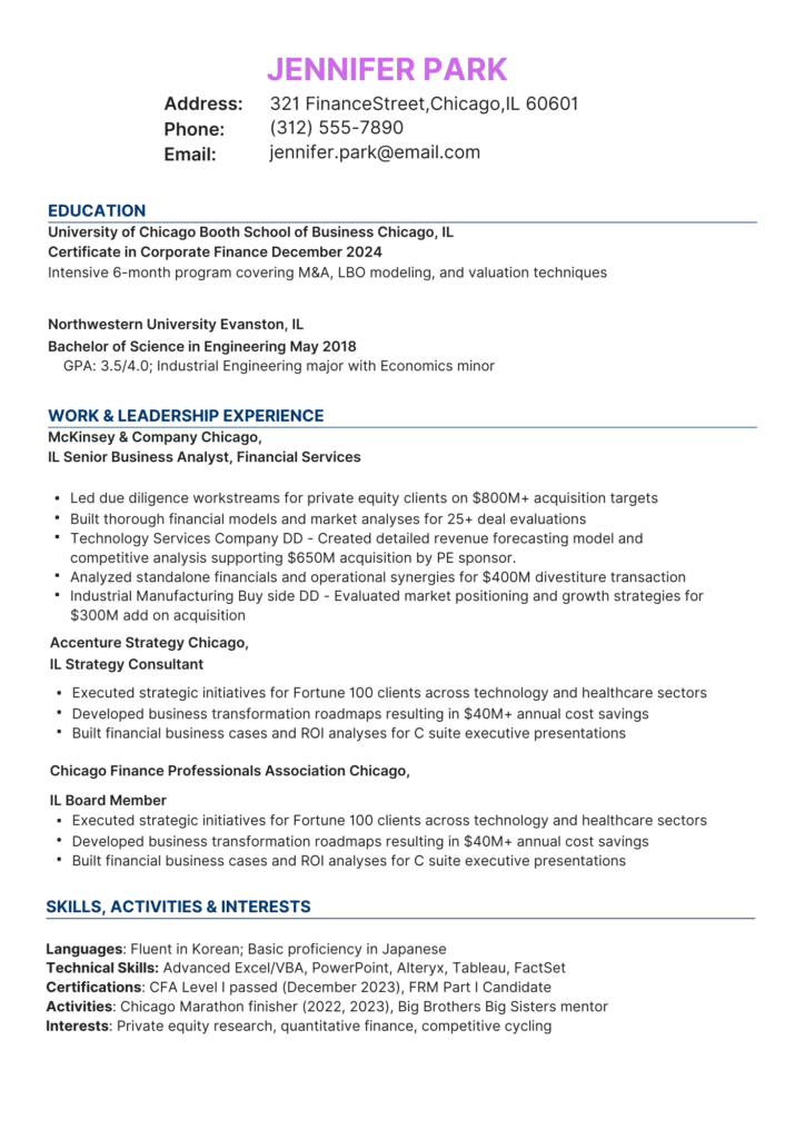 Career Switcher Resume Investment Banking