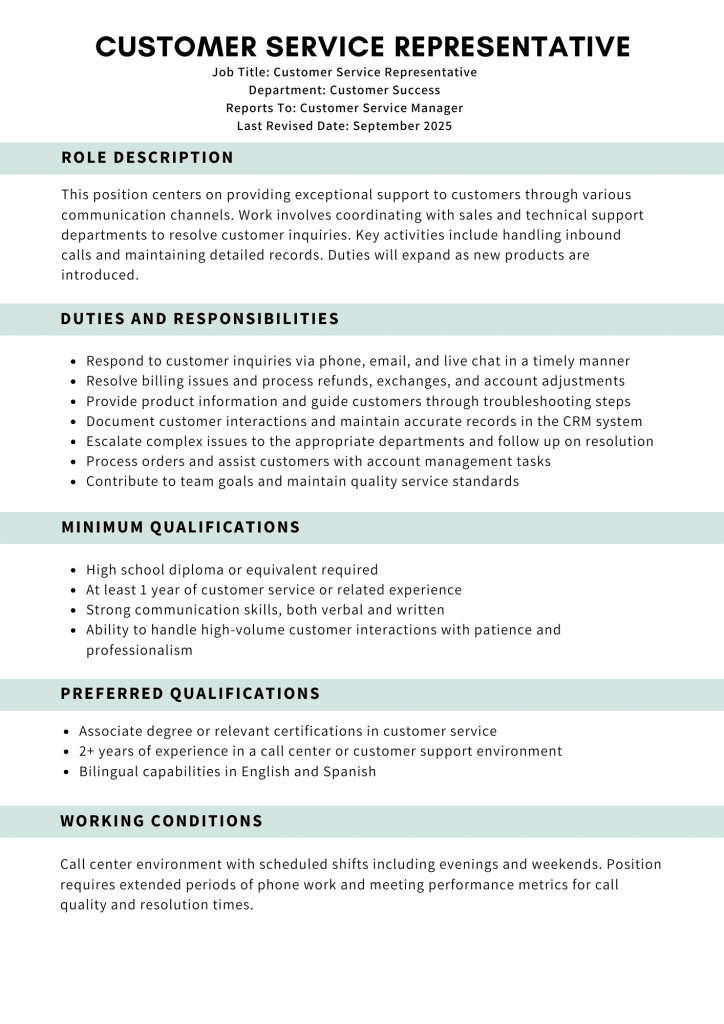 Customer Service Representative role description