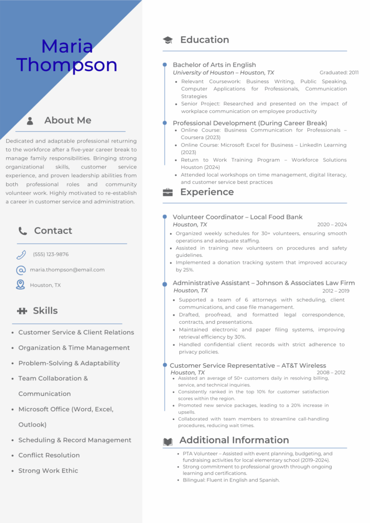 Customer service resume showing education, experience, skills, and return-to-work background in a clean layout