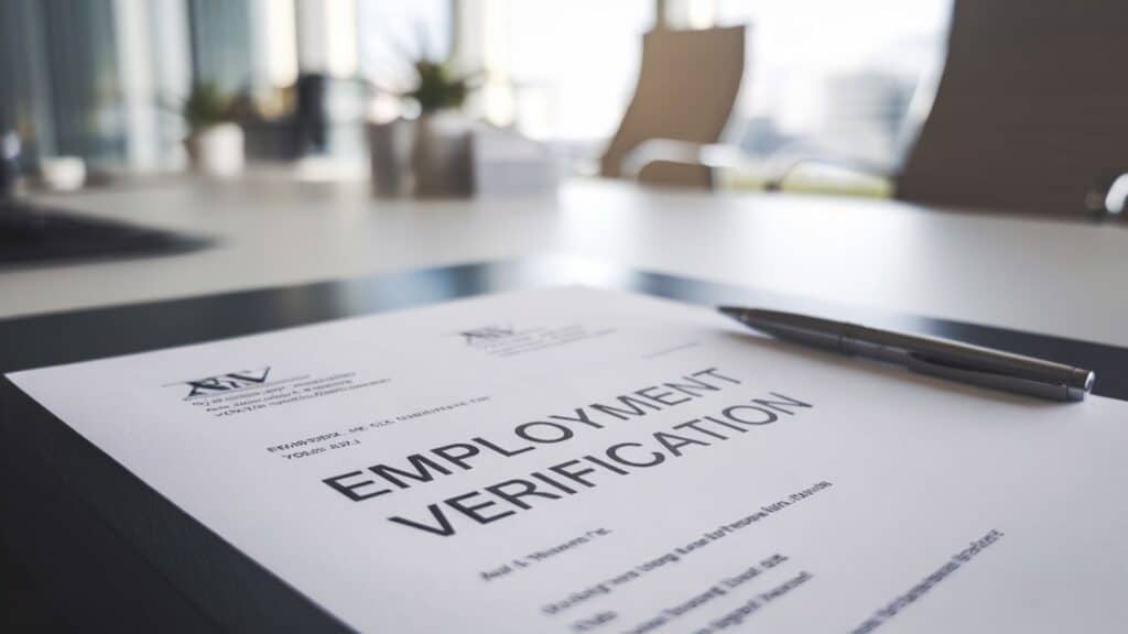 Employment verification document on a desk with a pen, set in a modern office space with blurred chairs and windows in the background