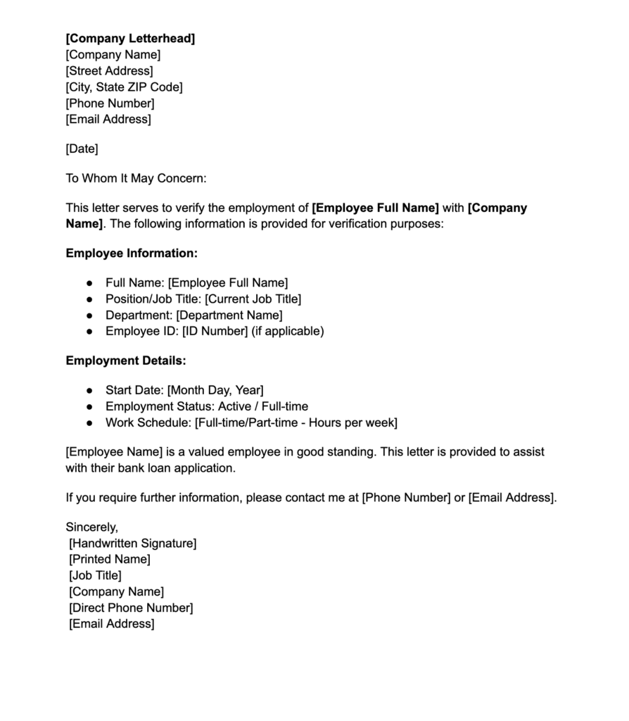 Employment verification letter template confirming job status, role, and good standing for a bank loan application purpose