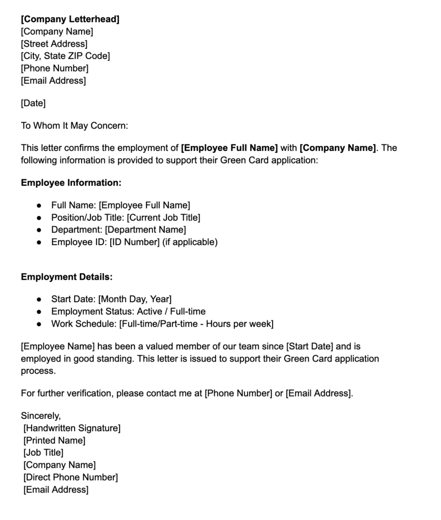Employment verification letter template for green card application confirming job status, role, and employer support details