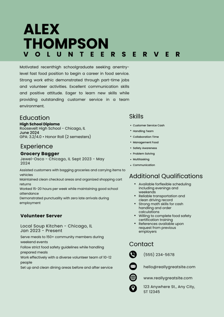 Entry-level fast food resume for showing education, volunteer work, skills, and contact details