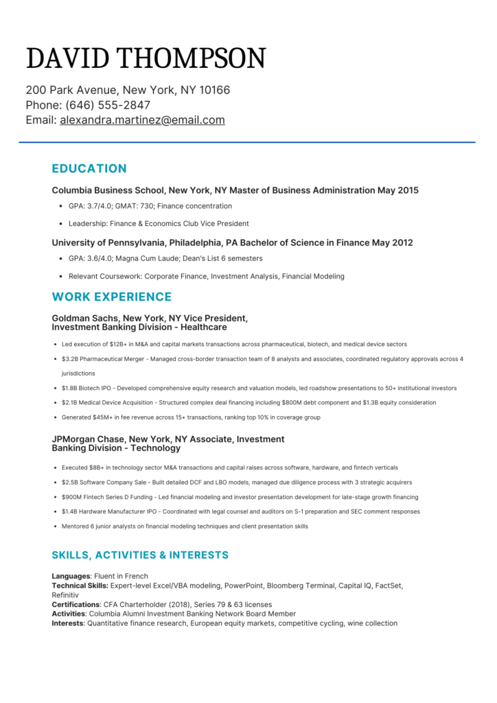 Experienced Resume Investment Banking