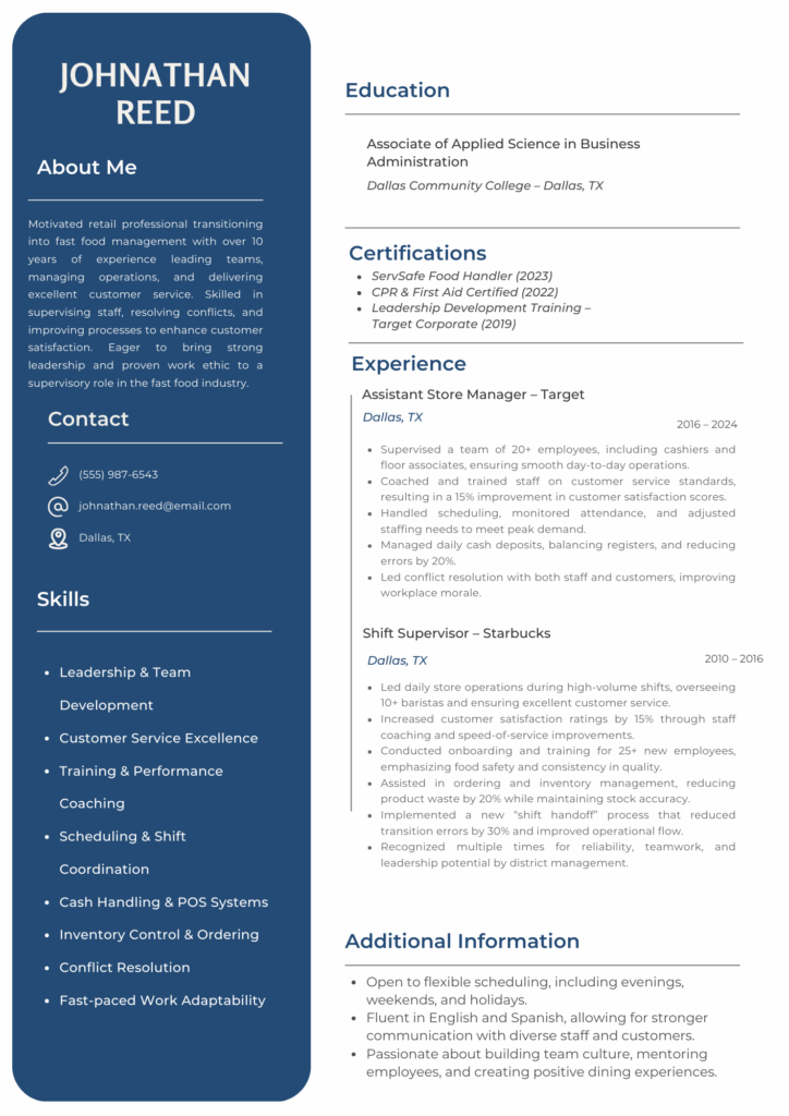 Fast food manager resume showing leadership experience, certifications, skills, and work history