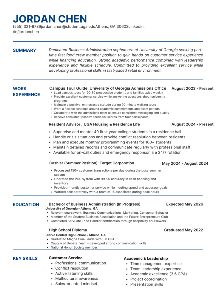 Fast food resume showing education, work experience, skills, and summary for a part-time crew member role