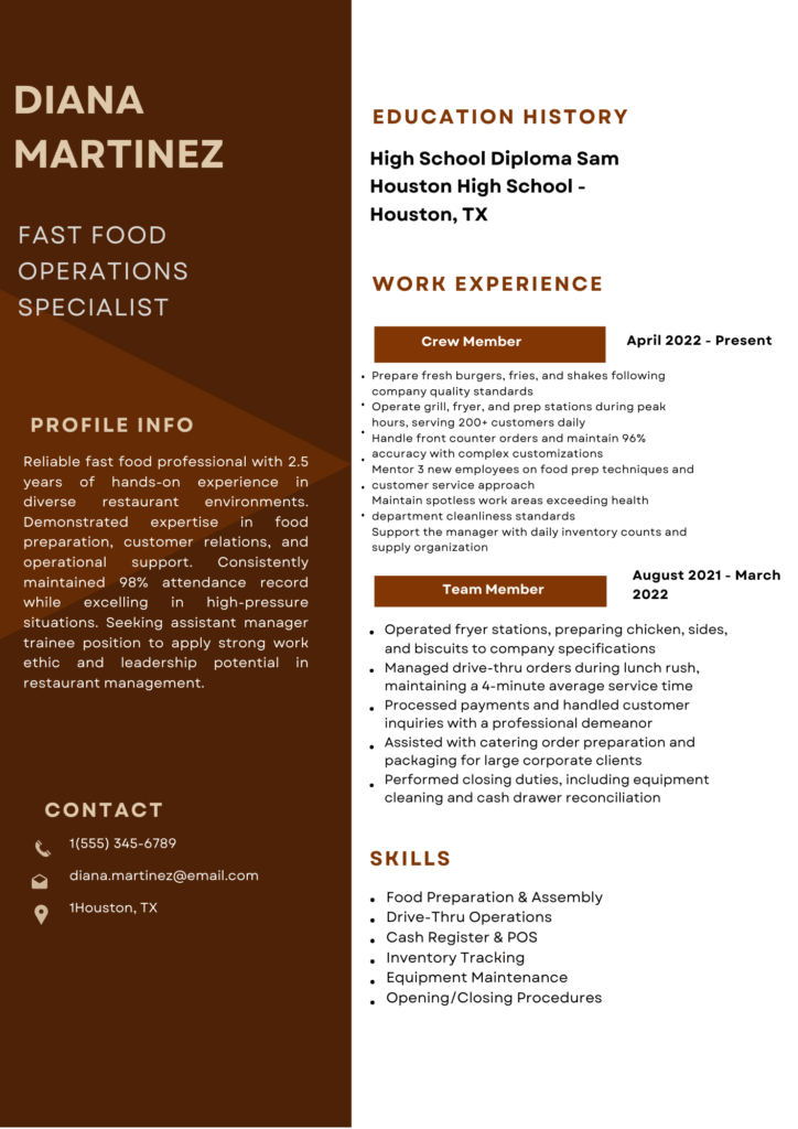 Fast food resume showing experience as crew member, skills, education, and contact details in clean layout