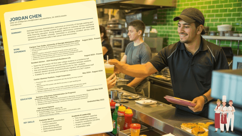 Fast food worker handing a drink to a customer at a counter, with a resume overlay highlighting skills and experience for the role