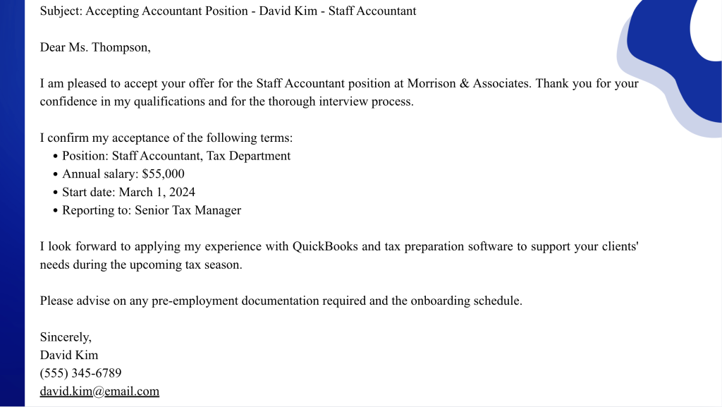 Job Acceptance Email for Accountant Position