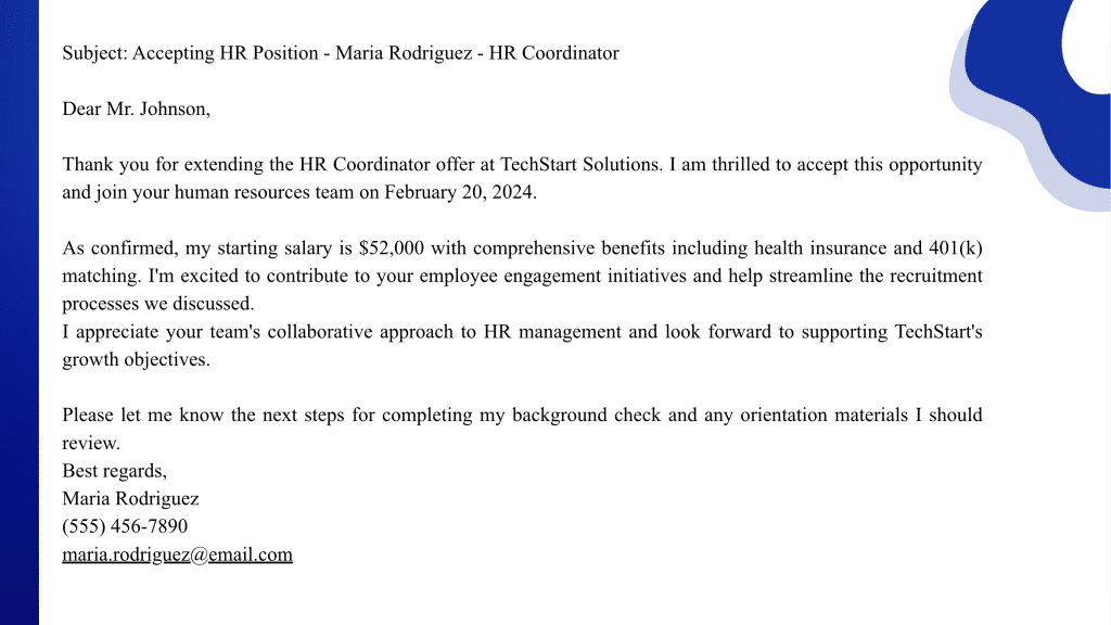 Job Acceptance Email for HR Position