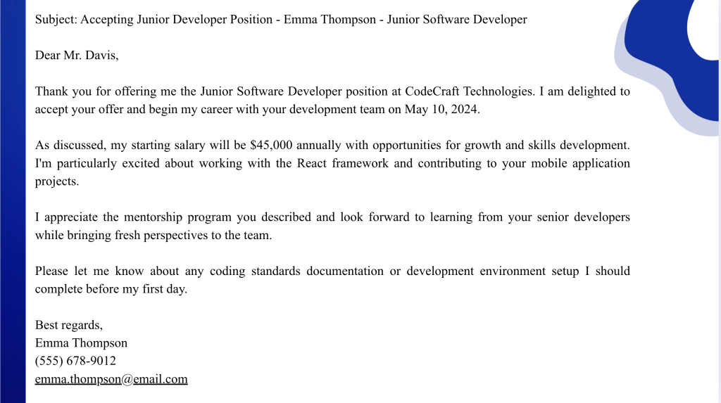 Job Acceptance Email for Junior Position