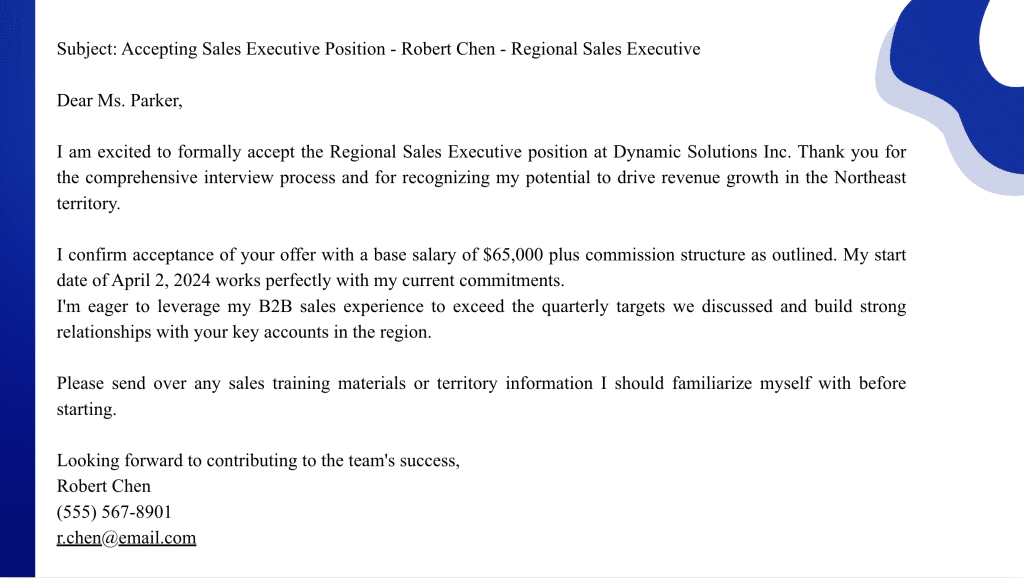 Job Acceptance Email for Sales Executive Position