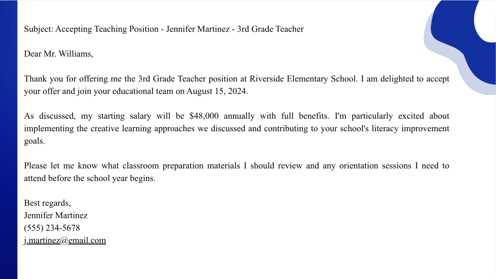 Job Acceptance Email for Teacher Position