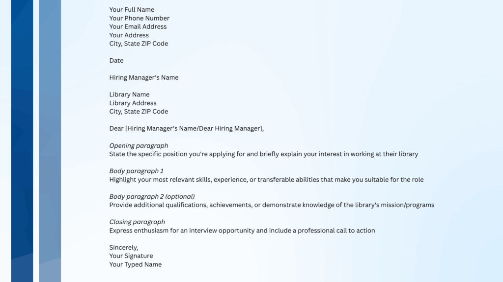 Library job cover letter template with sections for contact details, opening, skills, experience, and closing paragraph structure