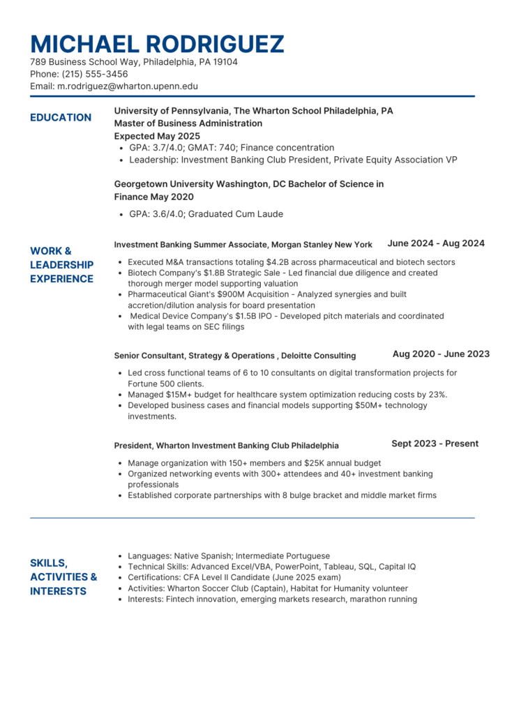 MBA student Investment Banker resume