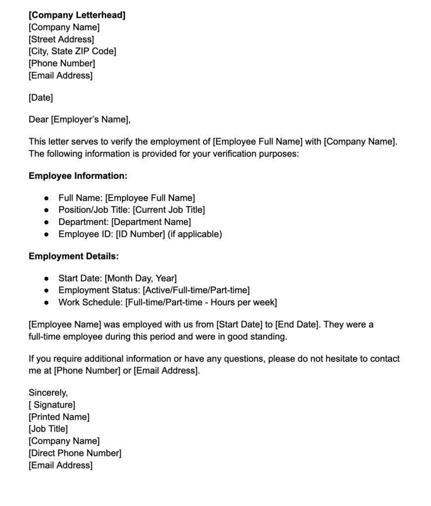 Sample employment verification letter for background check with employee details, job history, employment dates, and company contact info