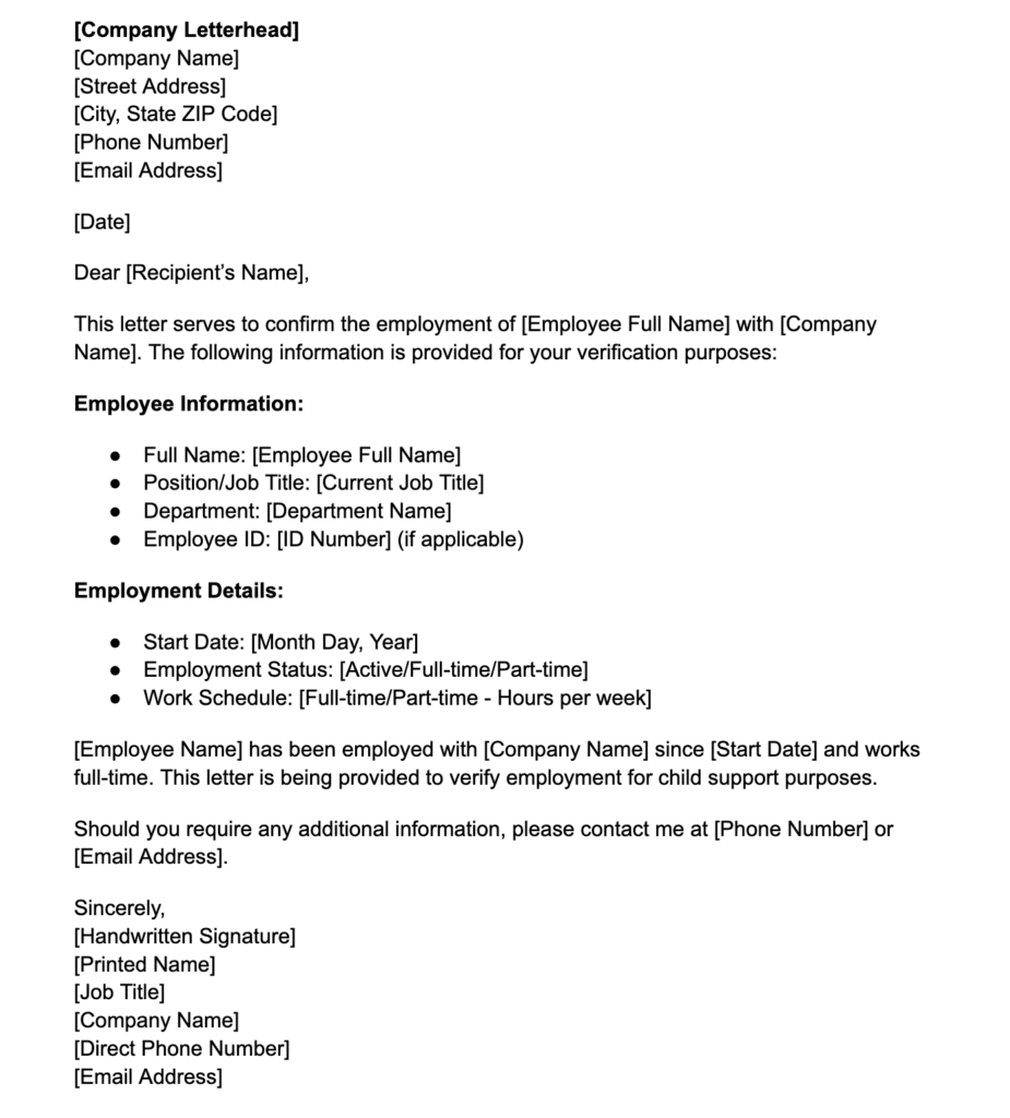 Sample employment verification letter for child support cases with employee details, job info, work status, and company contact information