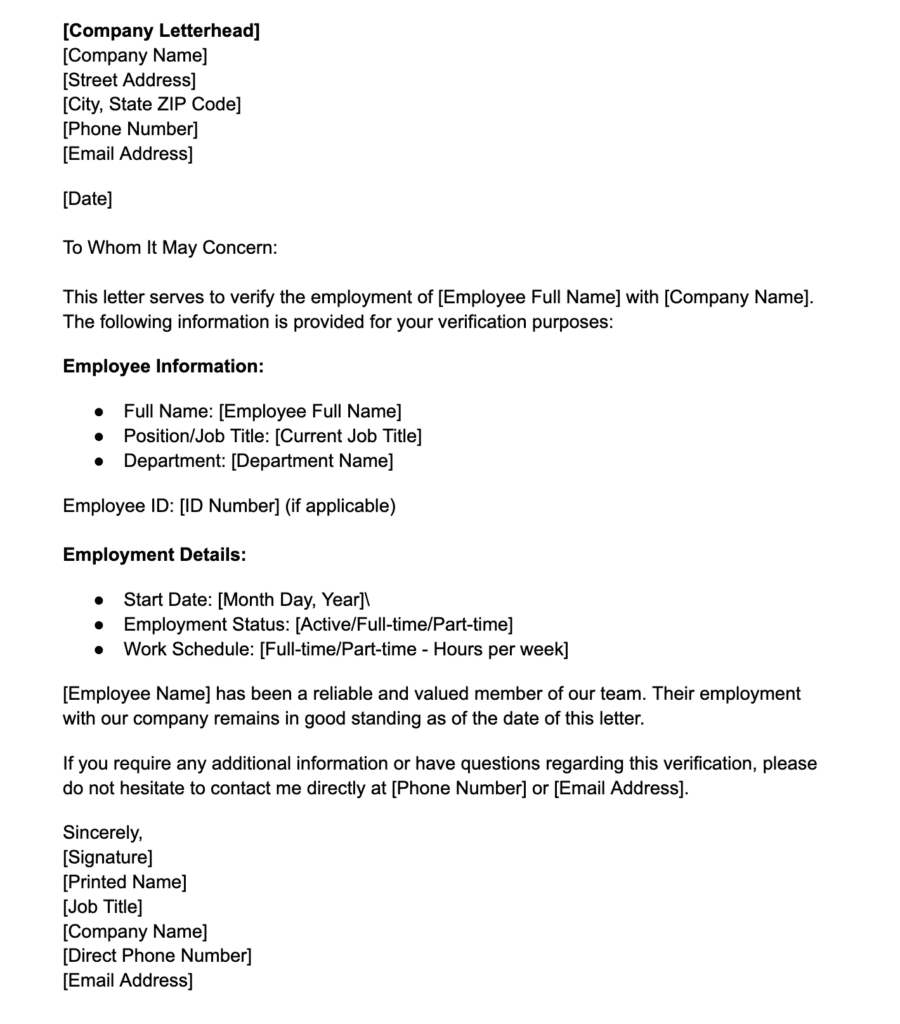 Sample employment verification letter for rental application including job details, status, and employer confirmation of good standing