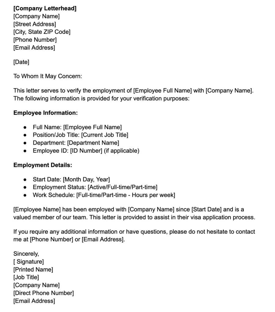 Sample employment verification letter for visa application showing company details, employee info, job role, and work schedule
