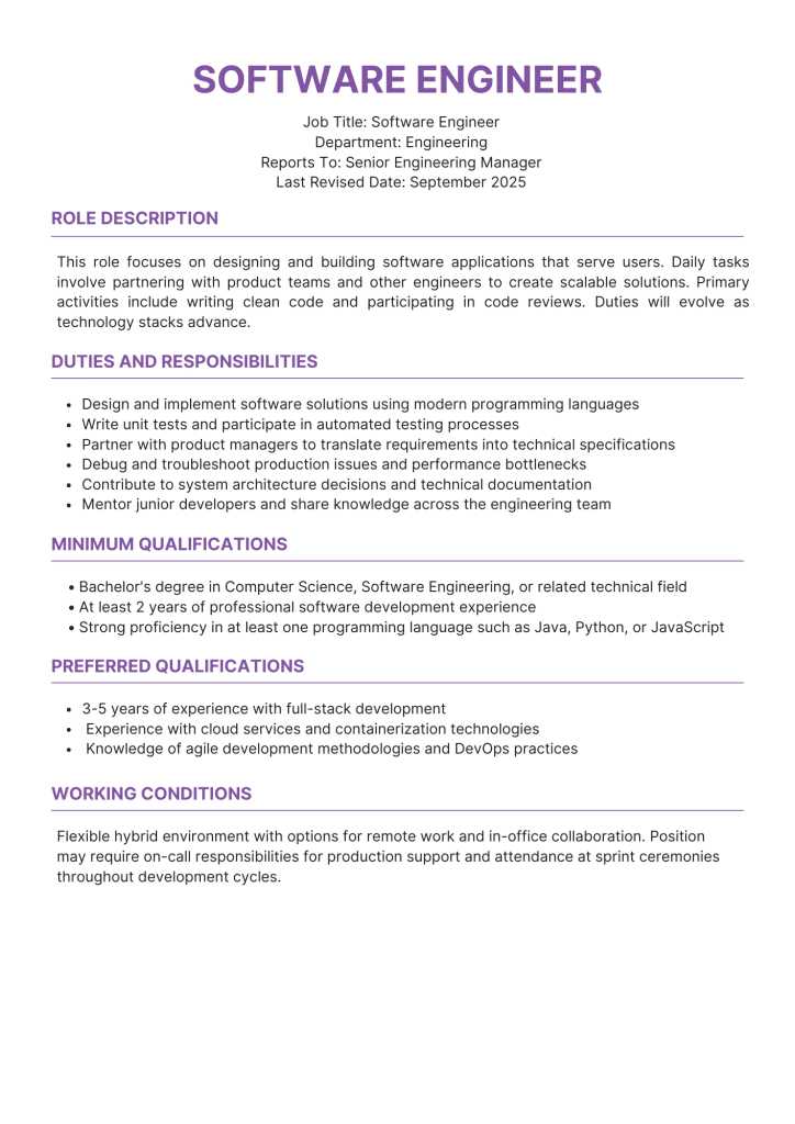 Software Engineer role description