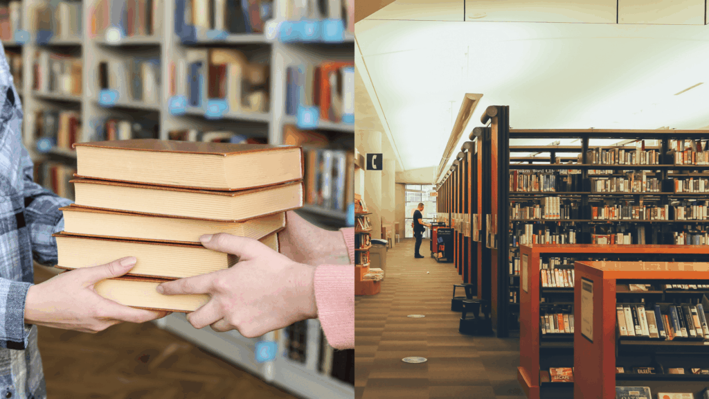 Stack of books being handed between people and a library interior with shelves, showing book sharing