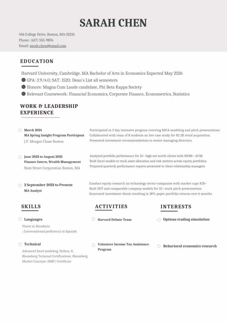 Undergraduate Student Investment Banker Resume