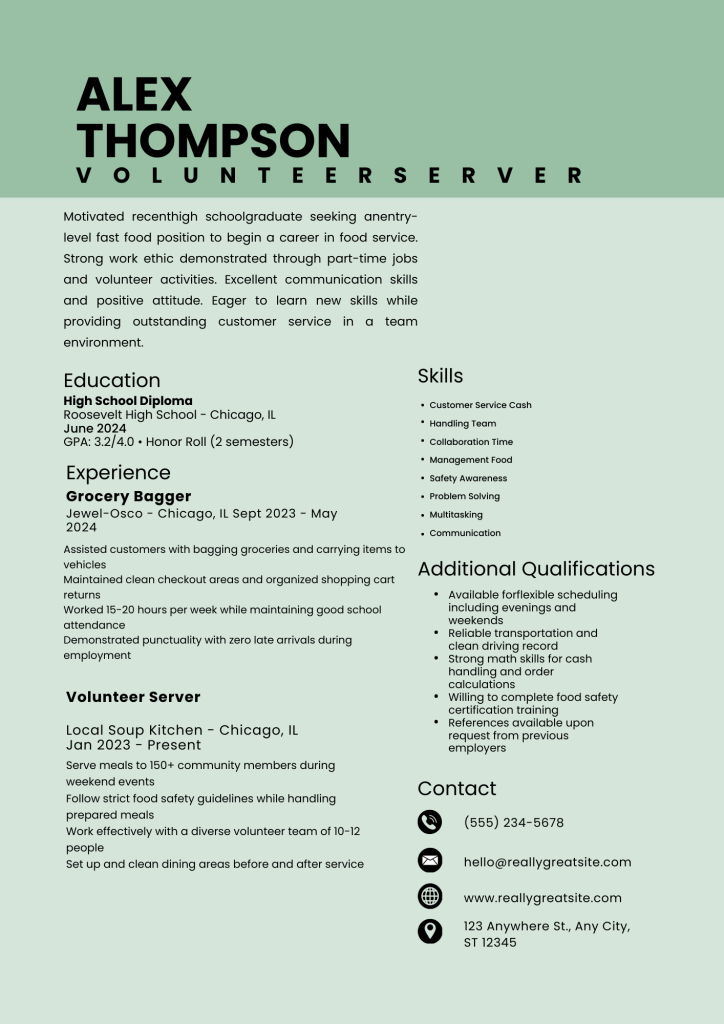 resume for fast food cashier