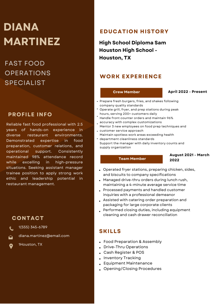 resume for fast food restaurant worker