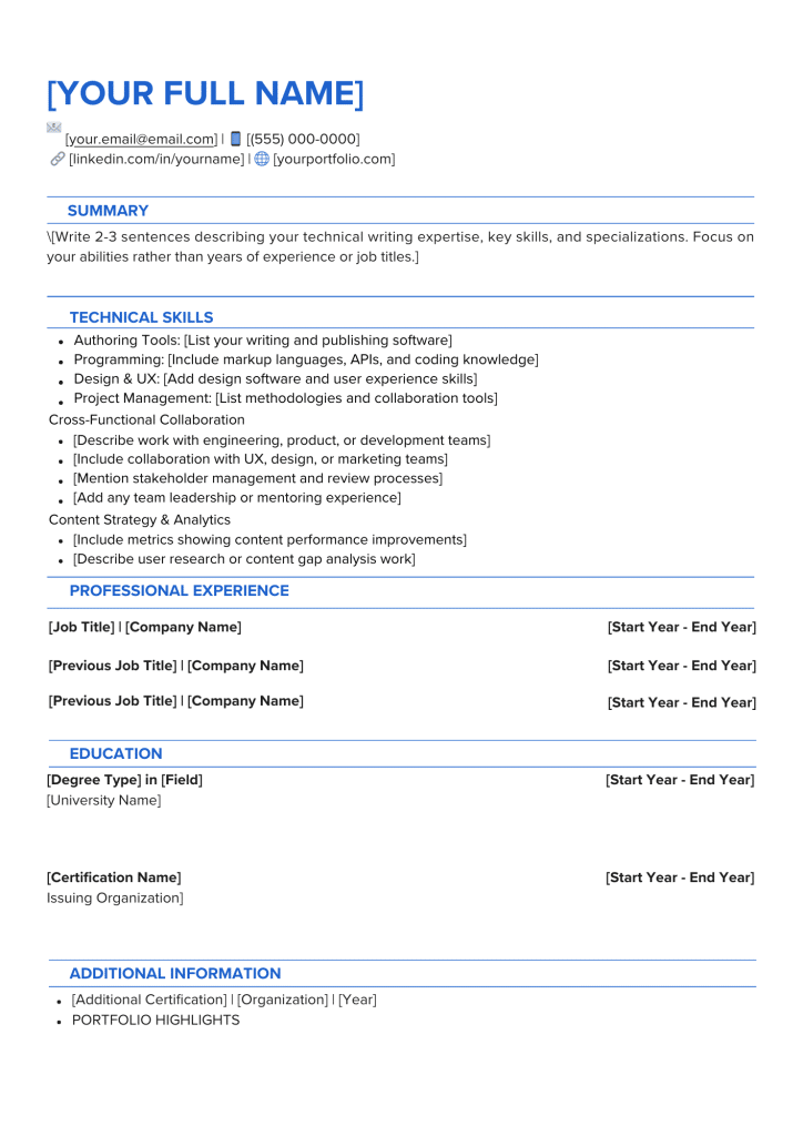 sample technical writer resume