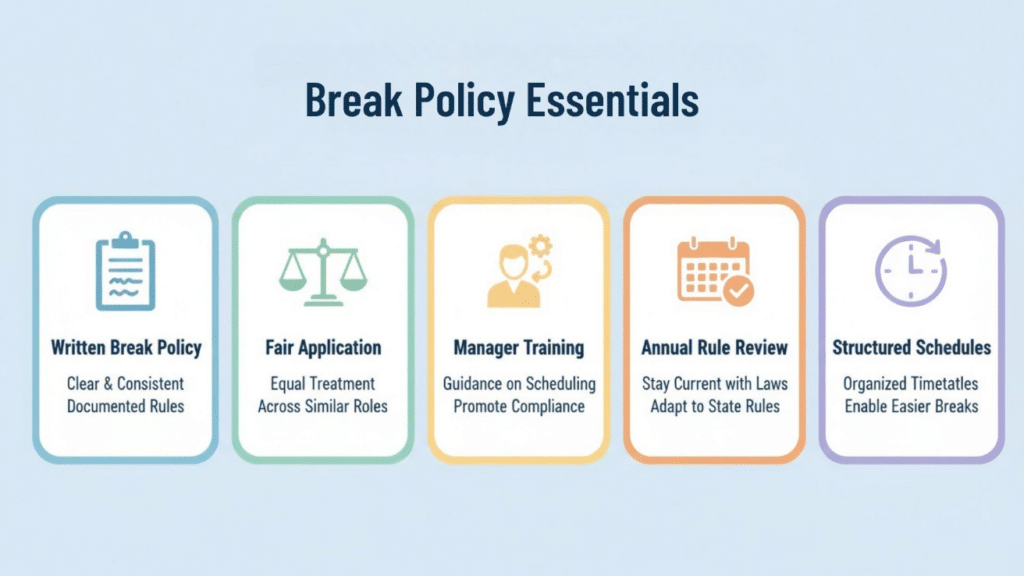 Infographic showing break policy essentials- written rules, fair use, manager training, annual review, and structured schedules