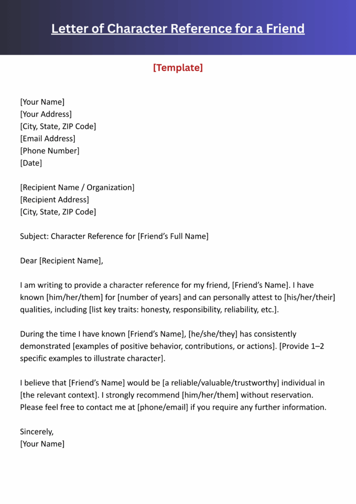 character reference letter for a friend template