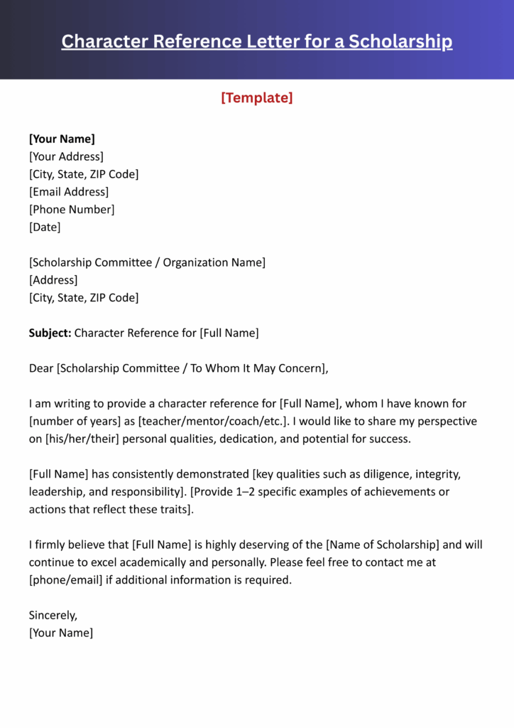 character reference letter for a scholarship