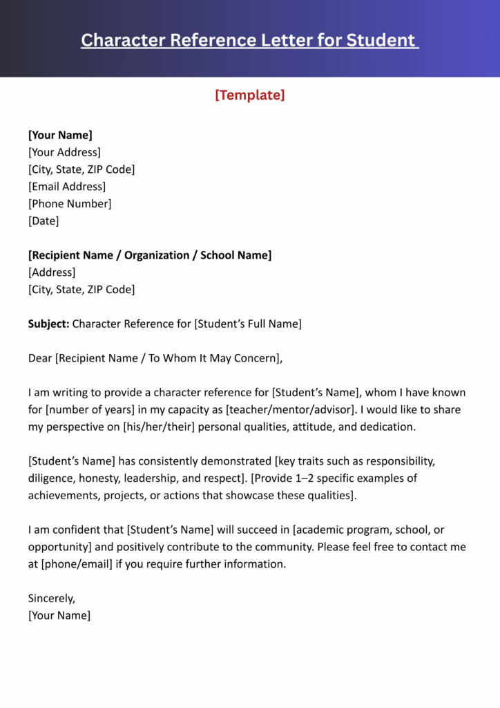 character reference short recommendation letter for student