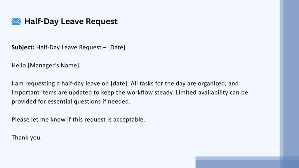 half day leave request time off request email sample