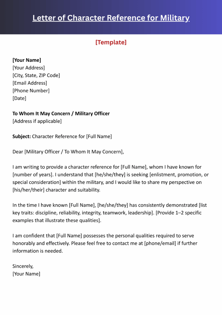 letter of character reference for military