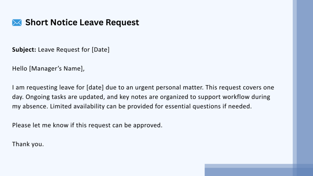 short notice leave request time off sample email