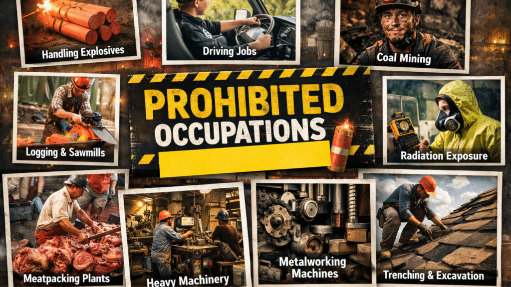 a collage showing prohibited occupations for minors