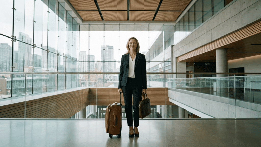 a smiling woman in a dark suit stands in a spacious, glass-walled terminal holding a brown leather bag and suitcase.