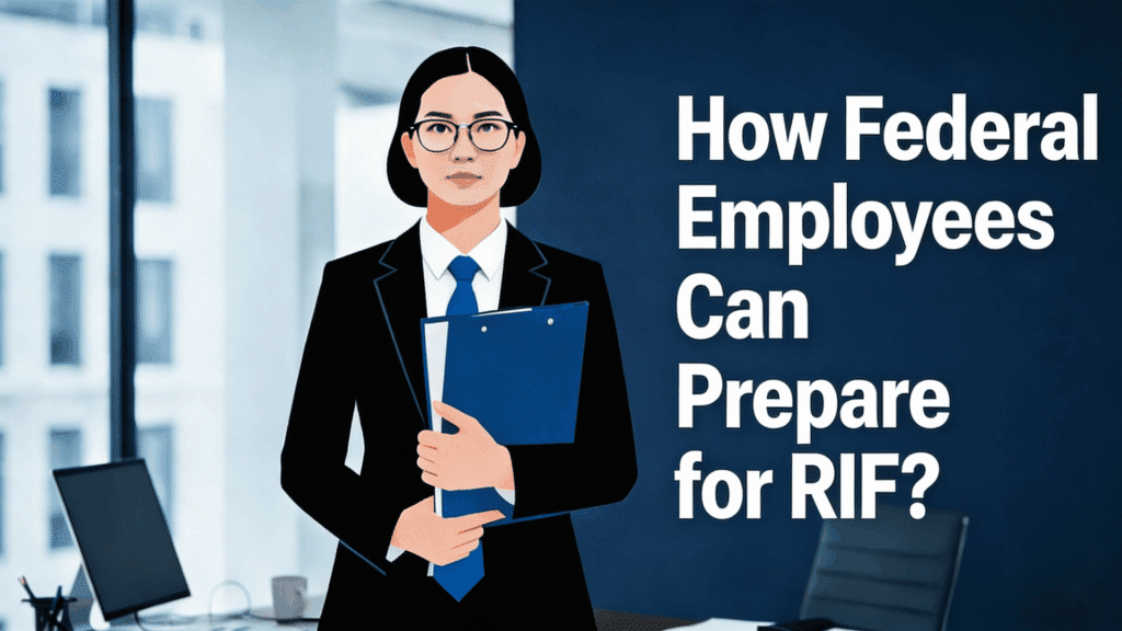 an illustrated woman in a business suit holding a blue clipboard next to text about how federal employees can prepare for rif.