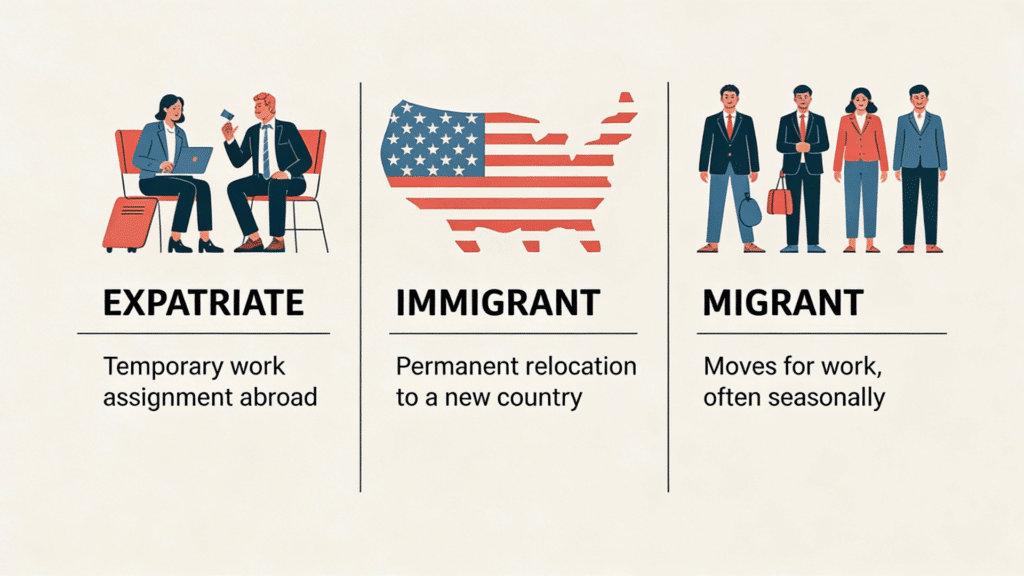 an infographic defines expatriate as a temporary worker abroad, immigrant as permanent, and migrant as seasonal