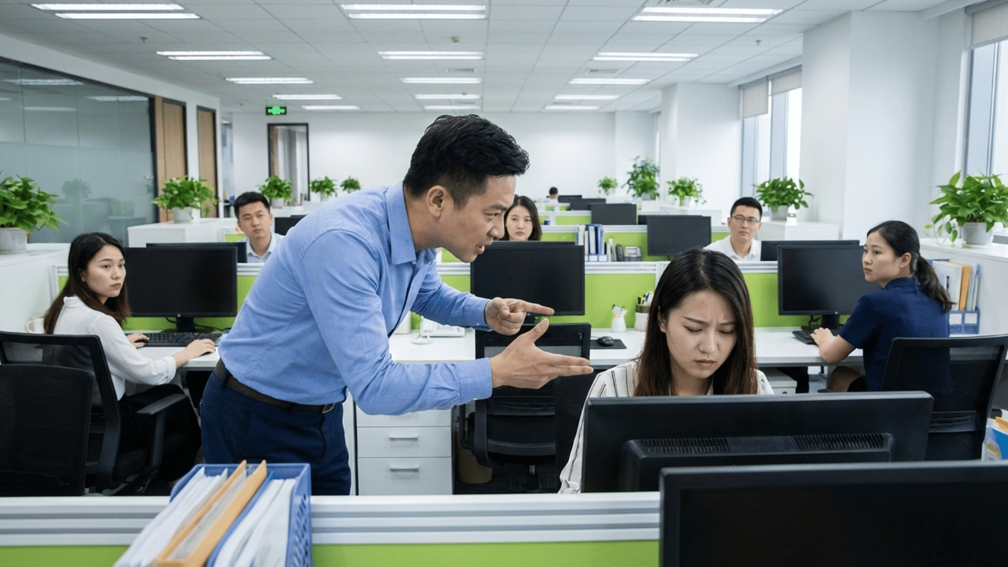 an office scene showing non-sexual harassment a manager yelling at an employee while others in the office look on, with a tense atmosphere