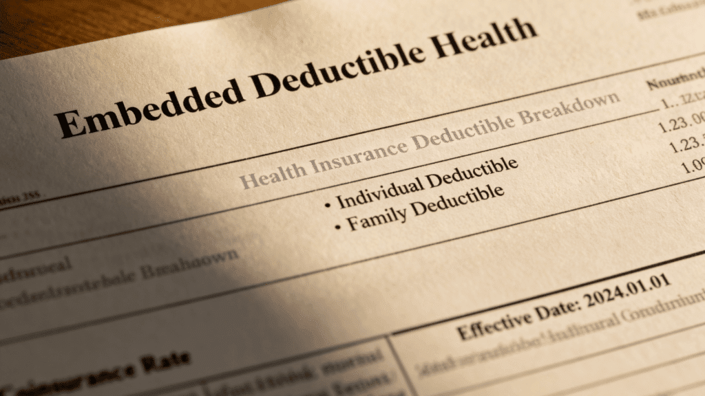 close up of a health insurance document showing embedded deductible health plan details with individual and family deductible listed.