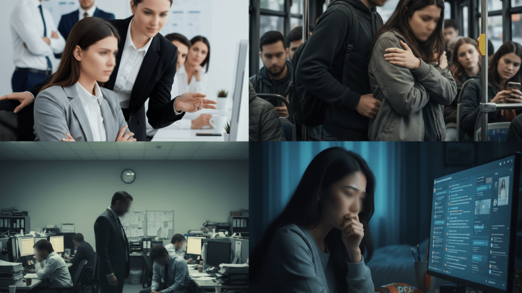 collage of images representing different types of sexual harassment
