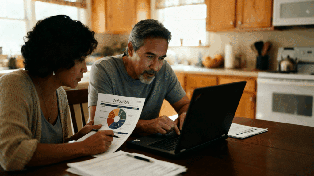 couple reviewing health insurance deductible details on a laptop at home kitchen table.