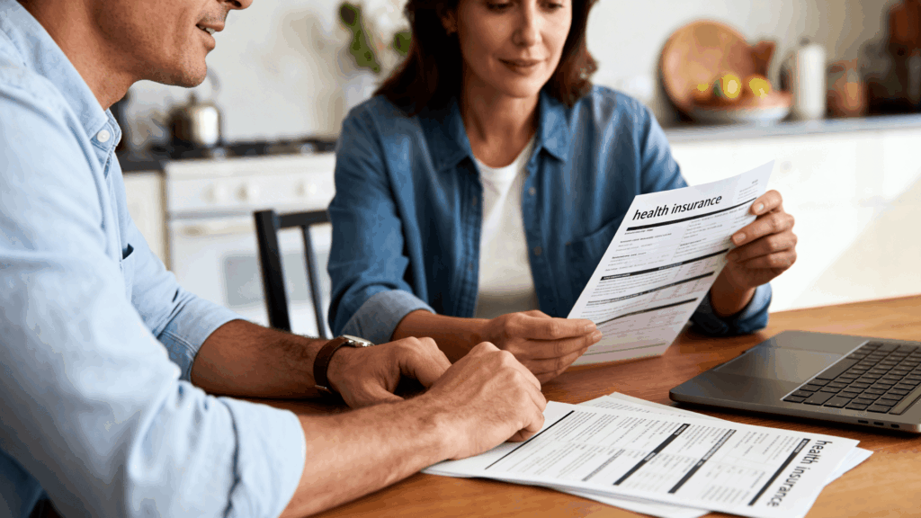 husband and wife reviewing health insurance paperwork and deductible information at a kitchen table.