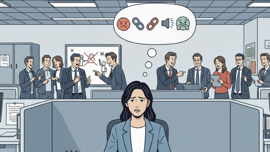 illustration of a woman sitting at her desk in an office, visibly distressed while a group of colleagues in the background engage in inappropriate behavior