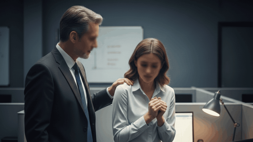 man in a suit stands behind a woman at her desk in an office, placing his hand on her shoulder as she looks uncomfortable, signaling a moment of harassment