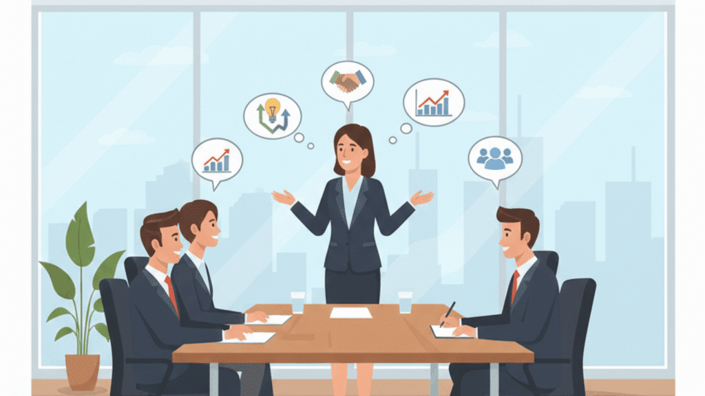 office scene of employees asking questions to Ceo