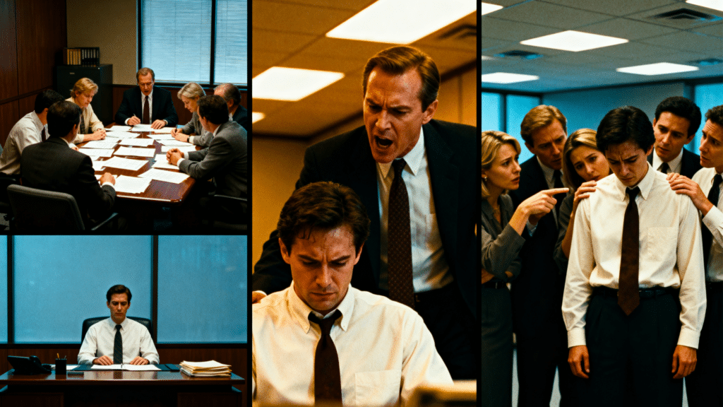 office scene showing non-sexual harassment a team of coworkers in a meeting, with one manager yelling and others pointing at a distressed employee