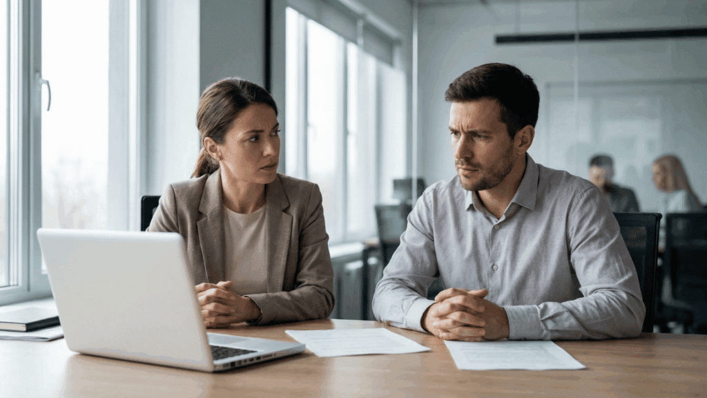 two professional colleagues with concerned expressions sit at a desk in a modern office looking at a laptop screen.